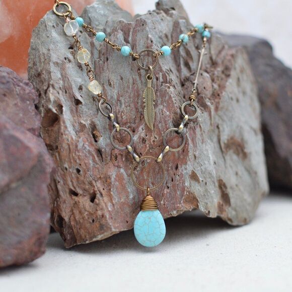 Boho Necklace with Turquoise and Citrine Stones - Picture 2 of 6